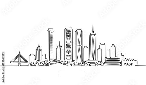 A minimalist line art illustration of a modern city skyline with skyscrapers