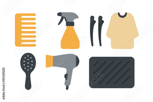 Various hair care tools and supplies organized for use in a salon setting during the day