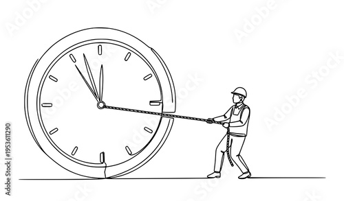 A minimalist line art illustration of a worker pulling a large clock