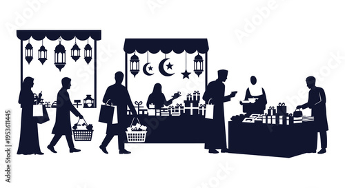 A bustling ramadan night market scene with shoppers and vendors illustrated as a silhouette high quality