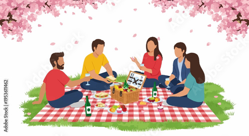 Family enjoying picnic outdoors in a park on a sunny day with pink blossom trees in the background