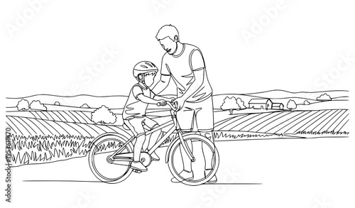 A father teaching his child to ride a bike in a rural area
