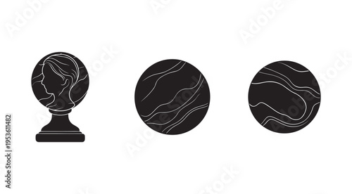 Black and white illustration of a womans head on a pedestal with two marble spheres  abstract art  minimalist design
