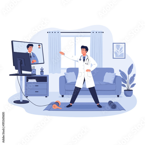 Doctor performing virtual exercise demonstration from home, communicating with patient via telehealth screen
