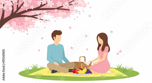 Couple enjoying a picnic outdoors under blooming cherry blossom trees during springtime in a park setting