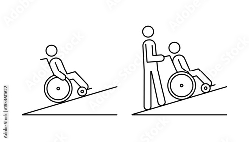 車椅子を使ってスロープを上る人物の線画アイコン
