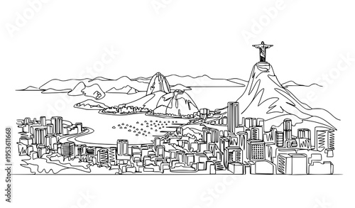A black and white line drawing of Rio de Janeiro cityscape with iconic landmarks
