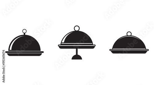 Black and white illustration of three covered serving dishes on a white background  food presentation icons