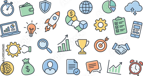 Comprehensive Business and Finance Icon Set featuring Cryptocurrency, Startup Rocket, Financial Analytics, Project Management Tools, and Success Symbols for Professional Digital and Print Media