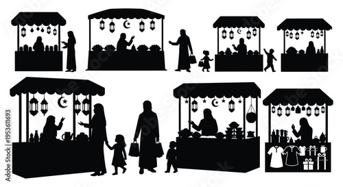 A bustling ramadan night market scene with vendors and shoppers presented in silhouette high quality professional