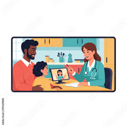 Father and child engaging in a pediatric telehealth nutrition consultation with a doctor on a screen.