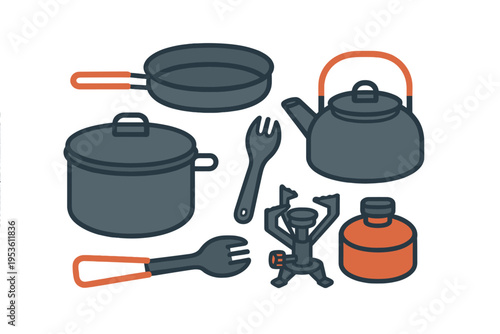 Cooking utensils and camping gear arranged for outdoor cooking activities in a forest setting