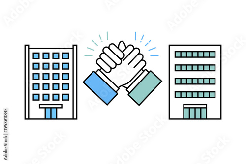 合併したり協力したりと会社や企業が手を取り合うイメージイラスト