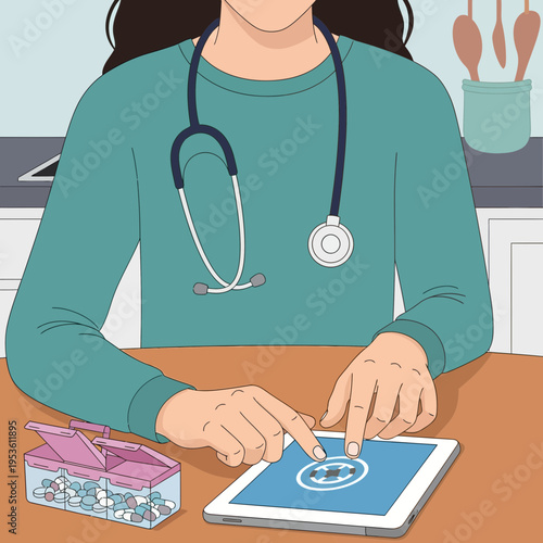 Doctor using a tablet and medication dispenser, focusing on digital health management and patient care