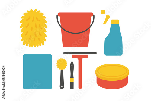 Cleaning tools for home maintenance arranged on a flat surface