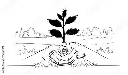 A minimalist line art illustration of hands nurturing a young plant