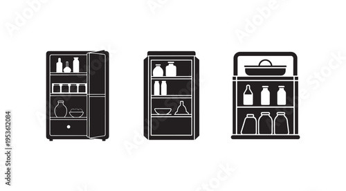 Black and white refrigerator icons with various kitchen items on shelves and in doors  household appliances