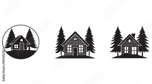 Black and white silhouettes of houses and pine trees on white background  cabin and forest landscape icons