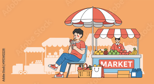 Man sitting at street market stall drinking juice summer illustration