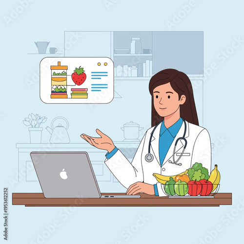 Female doctor consulting on nutrition with a laptop displaying healthy food choices and fresh produce