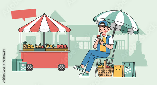 Man sitting and drinking near street food cart outdoor illustration