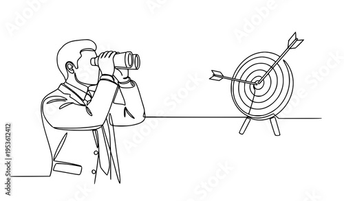 A businessman uses binoculars to focus on a target with a bullseye