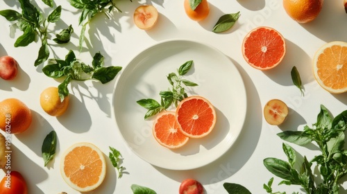 A white plate on a white background, surrounded by various vegetables and fruits, captured in a top-down, flat lay composition