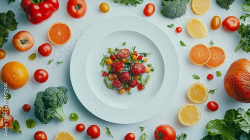 A white plate on a white background, surrounded by various vegetables and fruits, captured in a top-down, flat lay composition