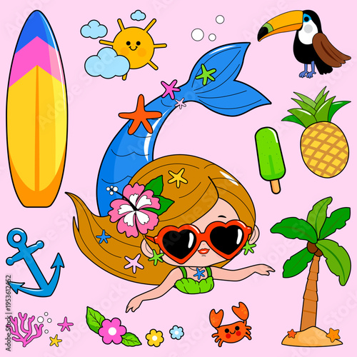 Pretty cartoon mermaid summer island beach collection. Accessories for surf and swimming fun at the sea, ocean or pool. Vector illustration