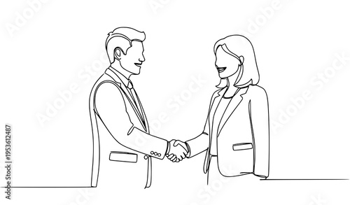A minimalist line art illustration of a man and woman shaking hands