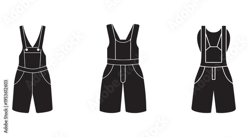 Black dungarees and jumpsuits with white lines  front and back views  isolated on white background