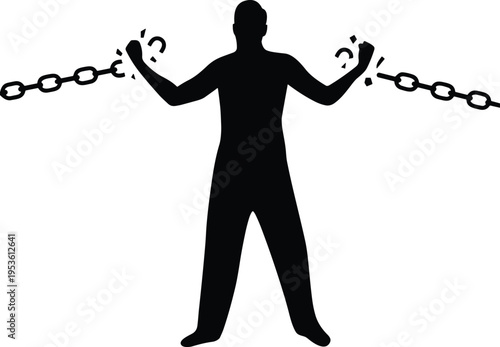 WebBlack silhouette of a strong man breaking heavy metal chains from his wrists symbol of freedom liberation and overcoming obstacles isolated on white background (24 words)