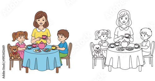 Mother and Children Enjoying a Tea Party with a Teddy Bear - Colorful and Line Art Versions