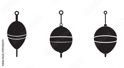 Black fishing bobbers with white stripes on white background  fishing equipment  floats