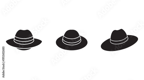 Black hats with white stripes on white background  three hat silhouettes with white stripes  simple hats with white accents