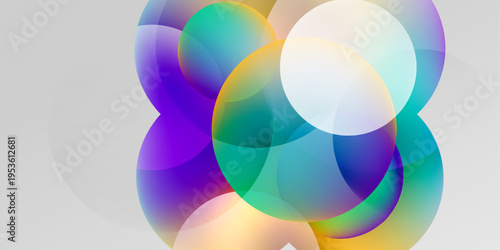 Abstract colorful overlapping circles create vibrant visual effect. Gradient hues blend, forming dynamic composition. Soft glow enhances design.