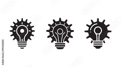 Black light bulb icons with gear wheels  creative idea and innovation concept  isolated on white background