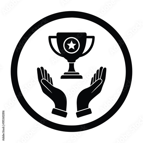 Bild auf Leinwand Black icon of hands holding trophy cup with star in circle symbolizing achieveme