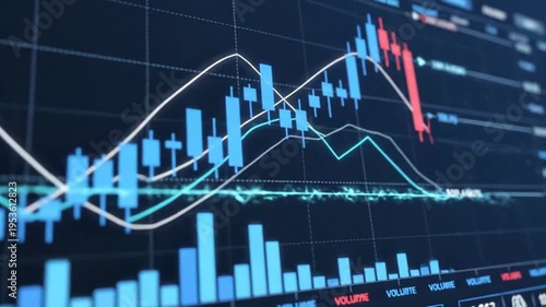 Technical analysis financial price graph showing red and blue candlestick chart data on dark digital screen representing market volatility, economic trend, stock trading, and crypto currency asset.