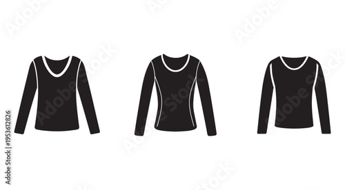 Black long sleeve shirts with white trim on white background  three womens tops