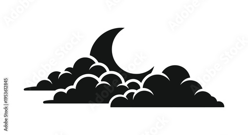 A dramatic nightscape featuring a crescent moon partially obscured by fluffy clouds silhouette high quality professional