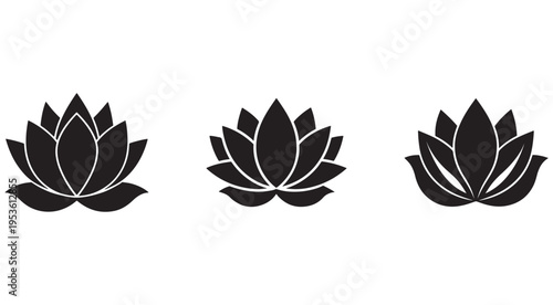 Black lotus flower icons in different positions on white background  simple line art style