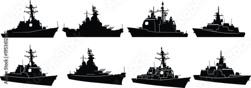 Modern naval warship silhouettes collection featuring destroyers, cruisers, and battleships isolated as black vector military fleet illustration set