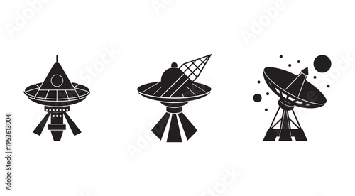 Black silhouette illustrations of futuristic space stations and satellite dishes in various designs and configurations on white background  space exploration technology