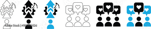 Vector icon set of personal growth progress strategy and social media community engagement audience feedback