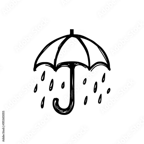 Doodle umbrella with rain icon logo design. Hand drawn rain parasol sign and symbol. Playful umbrella icon. Perfect for autumn weather or rainy day decor.