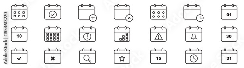 modern linear calendar and date icon set. vector thin line outline symbols for ui-ux app and web interfaces. minimal stroke collection including date. Calendar, agenda, planner outline icons set Flat