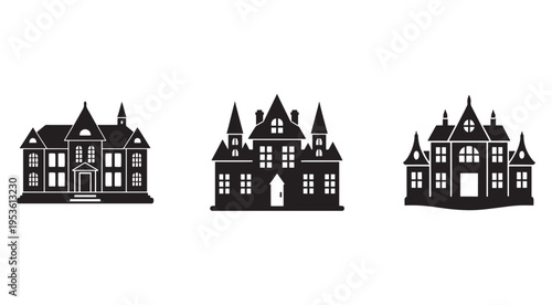 Black silhouettes of three old mansions with turrets and chimneys on white background  Gothic architecture  house icons