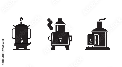 Black stove icons with smoke coming out  heating equipment  industrial stoves