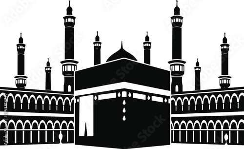 Kaaba and Masjid al Haram silhouette vector illustration in Mecca Saudi Arabia for Hajj Umrah Ramadan Kareem and Islamic religious graphic design projects